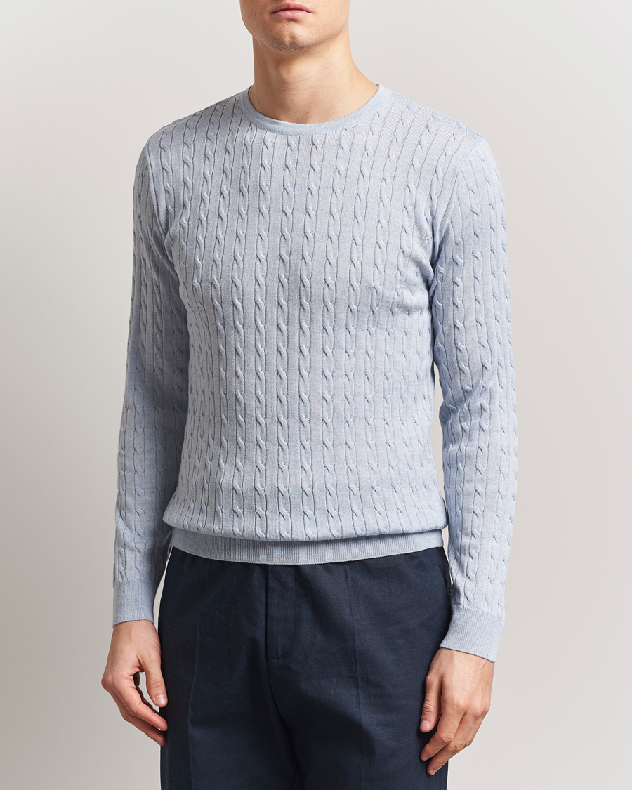 Herre | Gensere | Stenströms | Merino Cable Crew Neck Light Blue