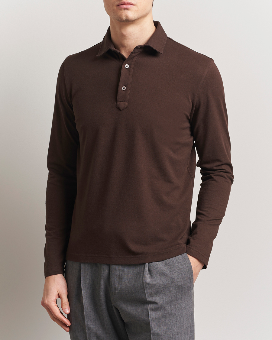 Herre | Pikéer | Zanone | Soft Cotton Piquet Long Sleeve Polo Dark Brown