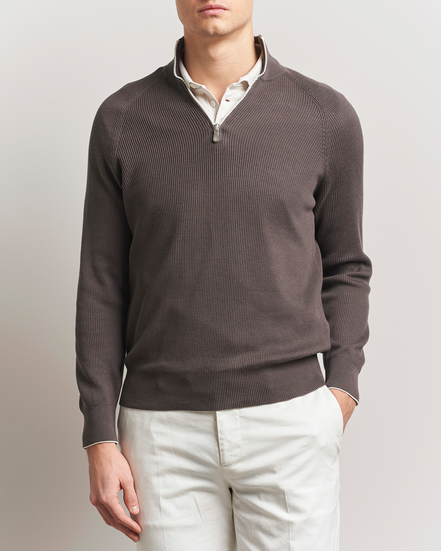 Herre | Gensere | Brunello Cucinelli | Cotton Rib Half Zip Dark Brown