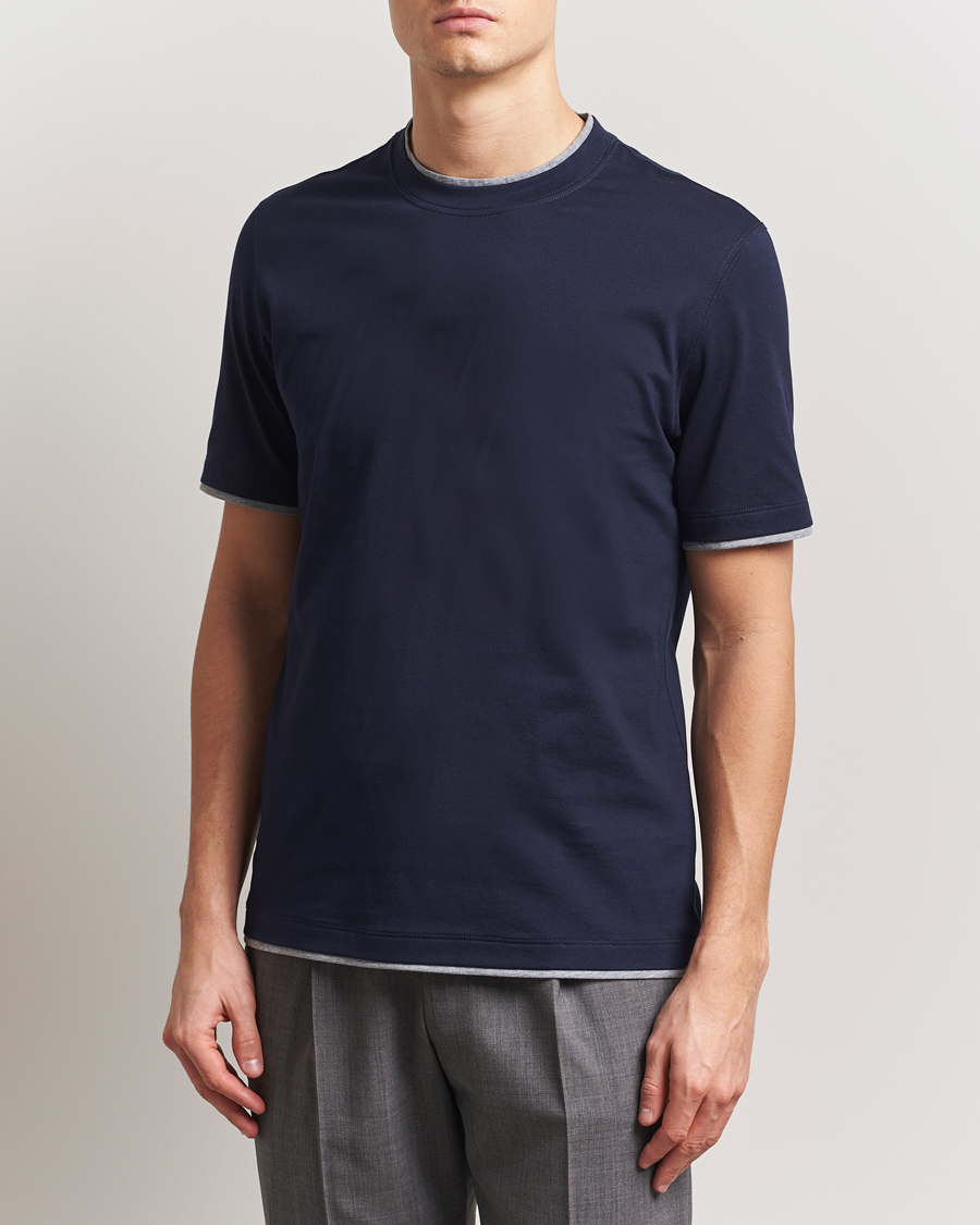 Herre | T-Shirts | Brunello Cucinelli | Short Sleeve Contrast T-Shirt Navy