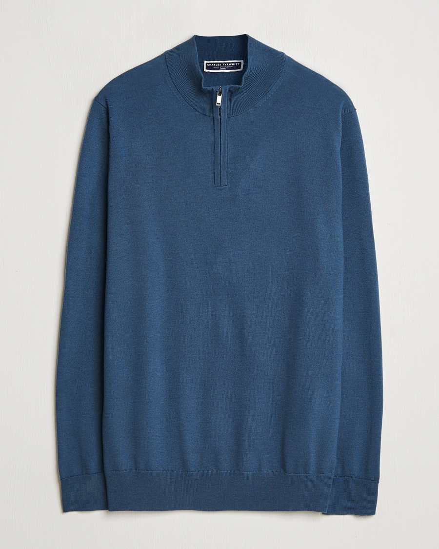 Herre | Gensere | Charles Tyrwhitt | Pure Merino Zip Neck Jumper Petrol Blue