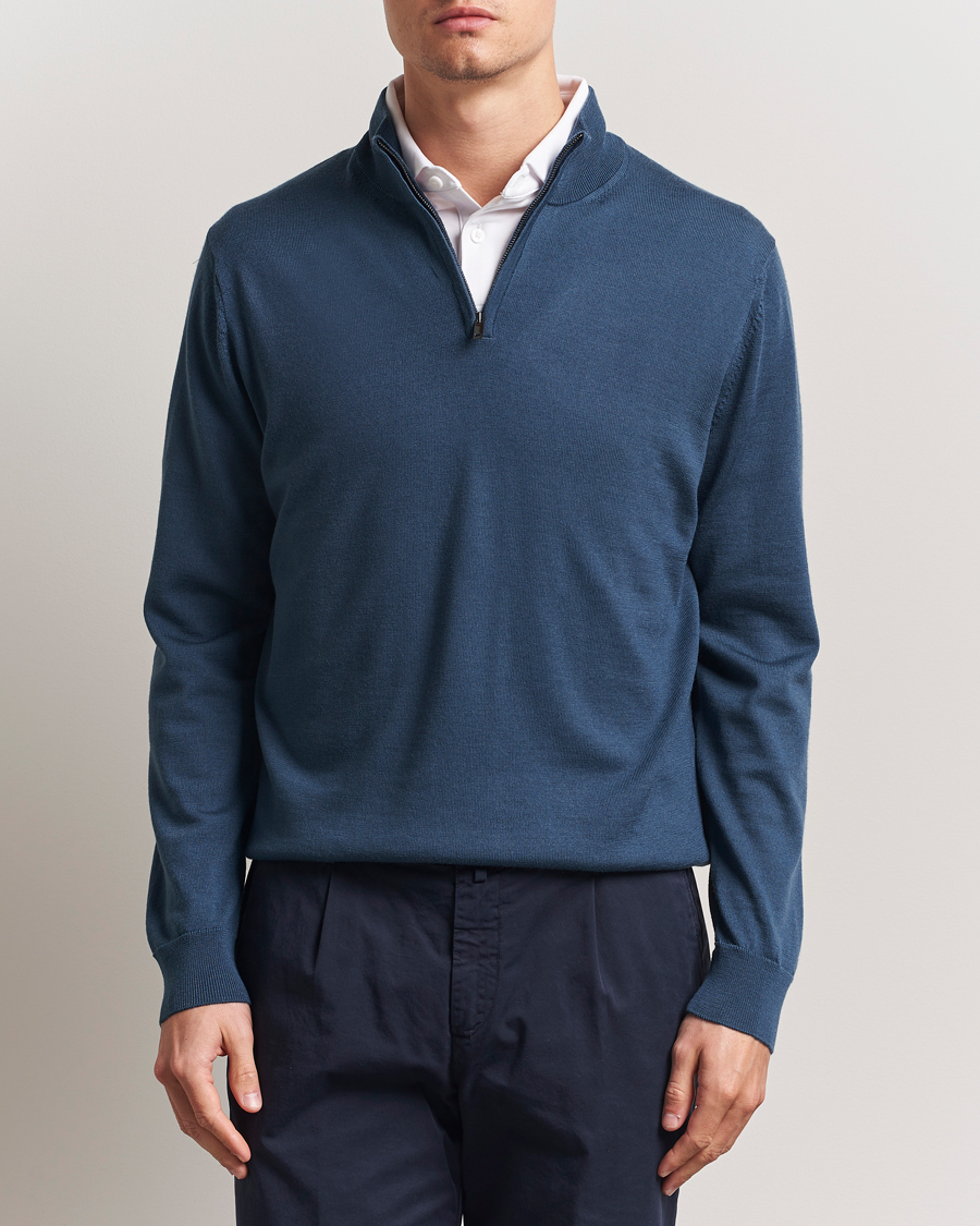 Herre | Gensere | Charles Tyrwhitt | Pure Merino Zip Neck Jumper Petrol Blue