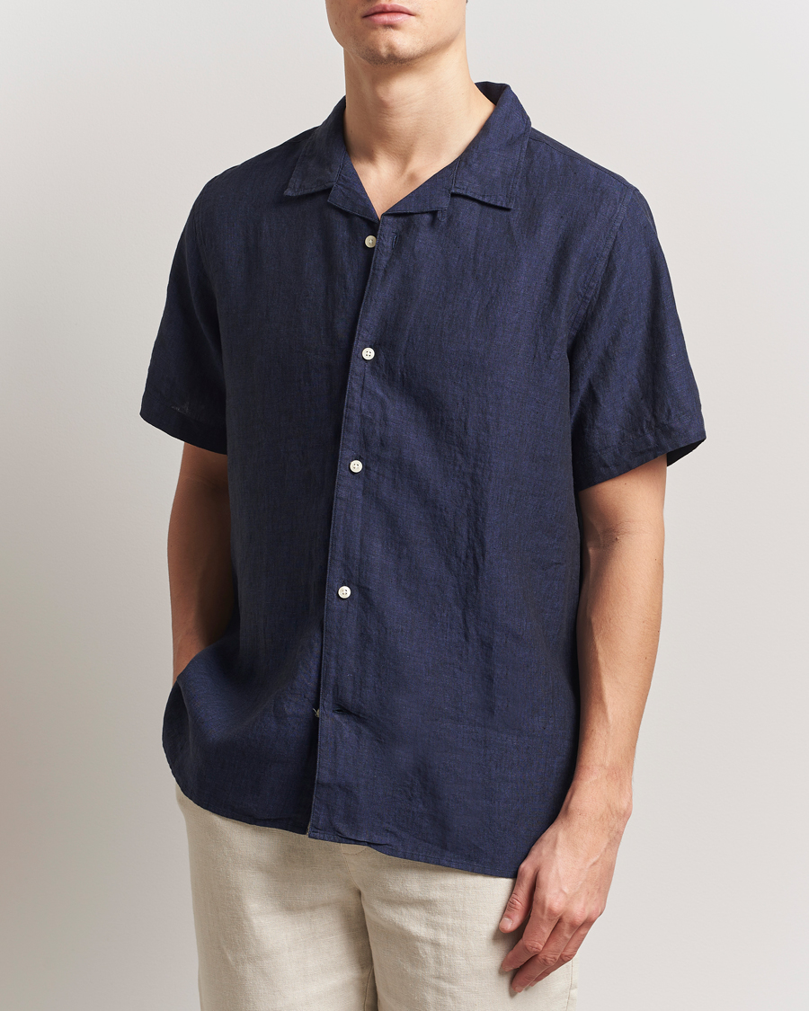 Herre | Skjorter | KnowledgeCotton Apparel | Short Sleeve Linen Resort Shirt Total Eclipse