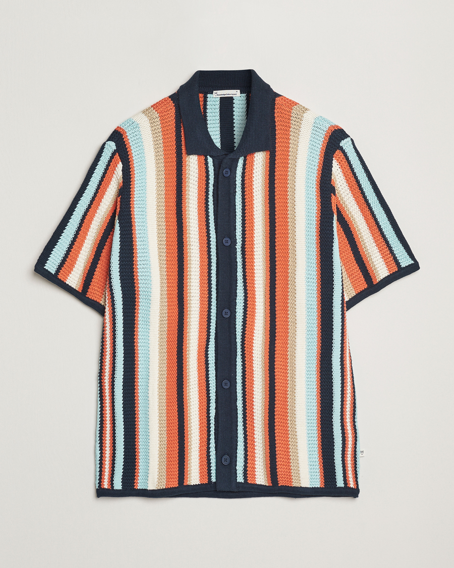 Herre | Skjorter | KnowledgeCotton Apparel | Knitted Multi Stripe Short Sleeve Shirt Blue