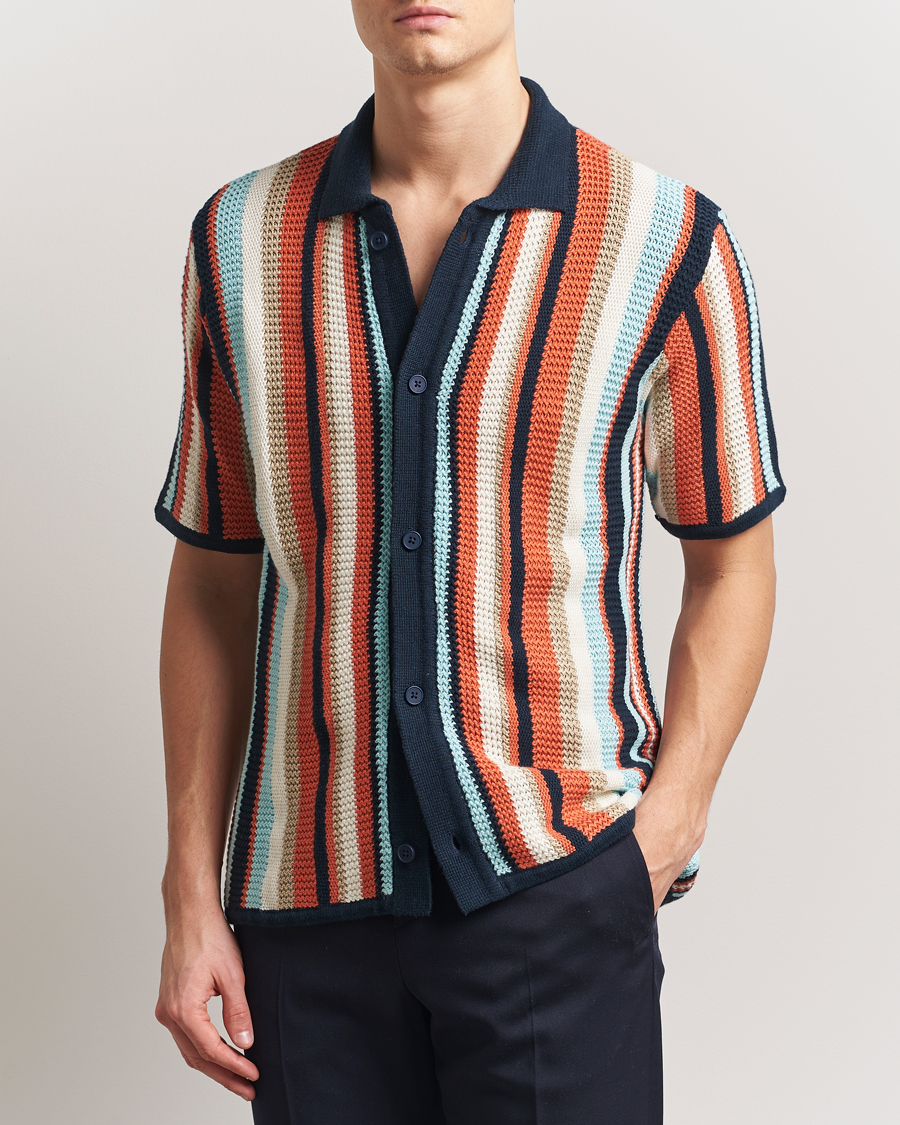 Herre | Skjorter | KnowledgeCotton Apparel | Knitted Multi Stripe Short Sleeve Shirt Blue