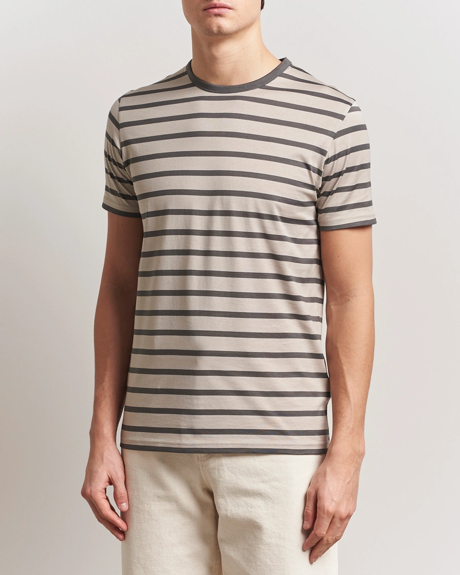 Herre | T-Shirts | Sunspel | Striped Crew Neck Q82 Cotton T-Shirt Grey