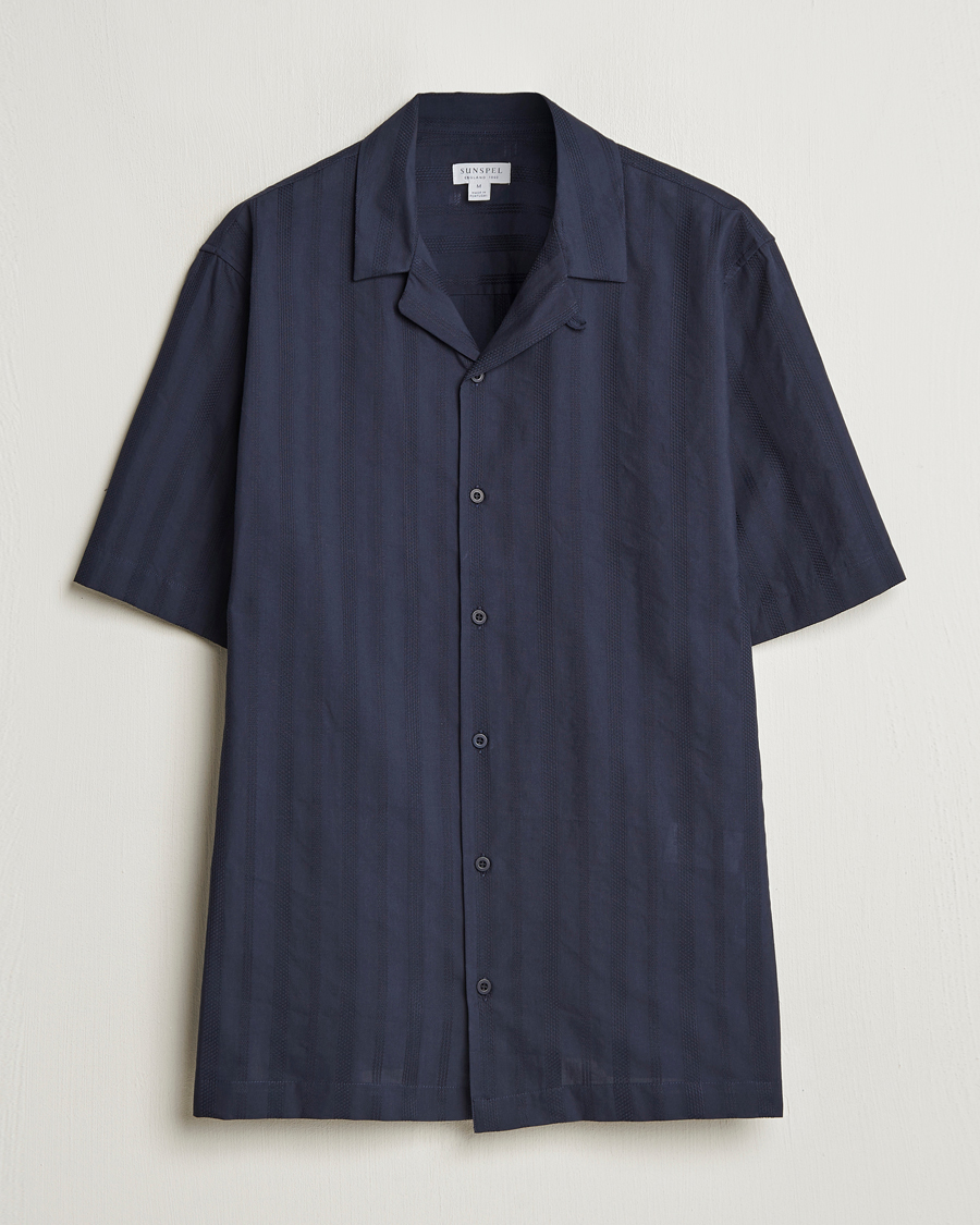 Herre | Skjorter | Sunspel | Embroidered Cotton Camp Shirt Navy