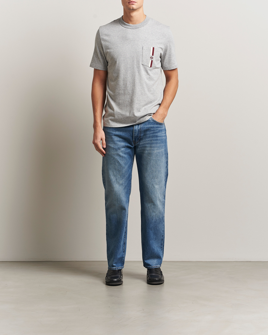 Herre | T-Shirts | Jacob Cohën | Cotton Stripe Logo Pocket T-Shirt Light Grey