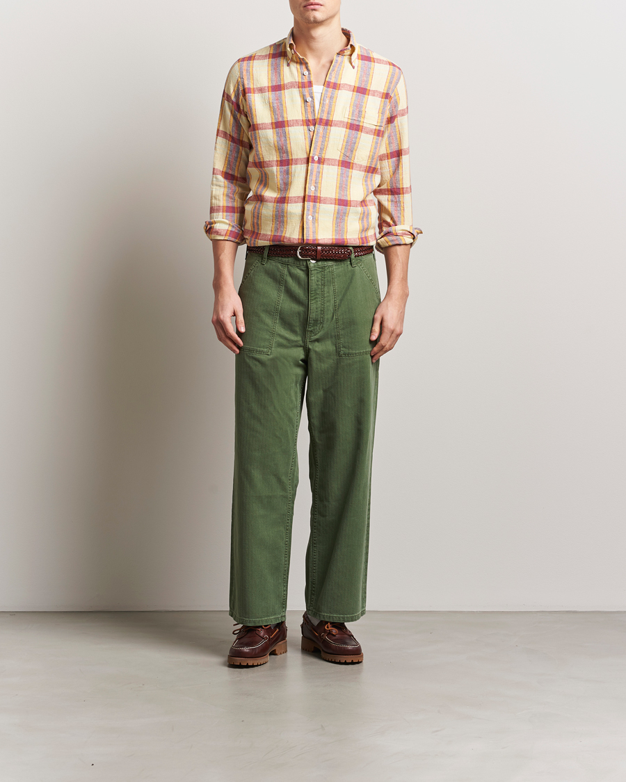 Herre | Skjorter | Drake's | Madras Cotton/Linen Button Down Shirt Yellow/Red/Navy