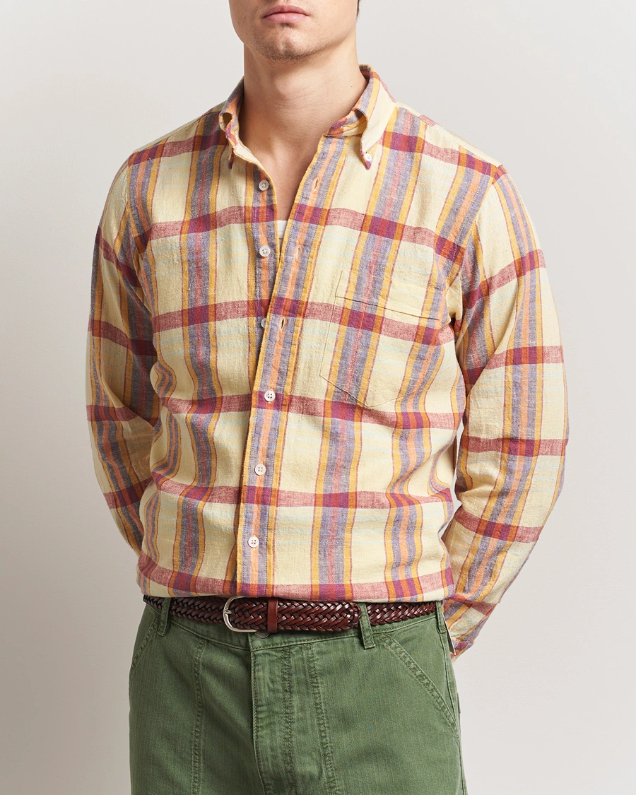 Herre | Skjorter | Drake's | Madras Cotton/Linen Button Down Shirt Yellow/Red/Navy