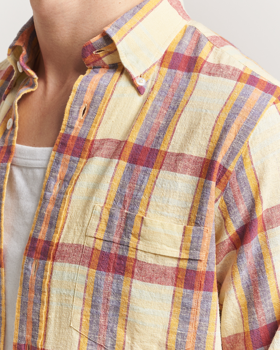 Herre | Skjorter | Drake's | Madras Cotton/Linen Button Down Shirt Yellow/Red/Navy