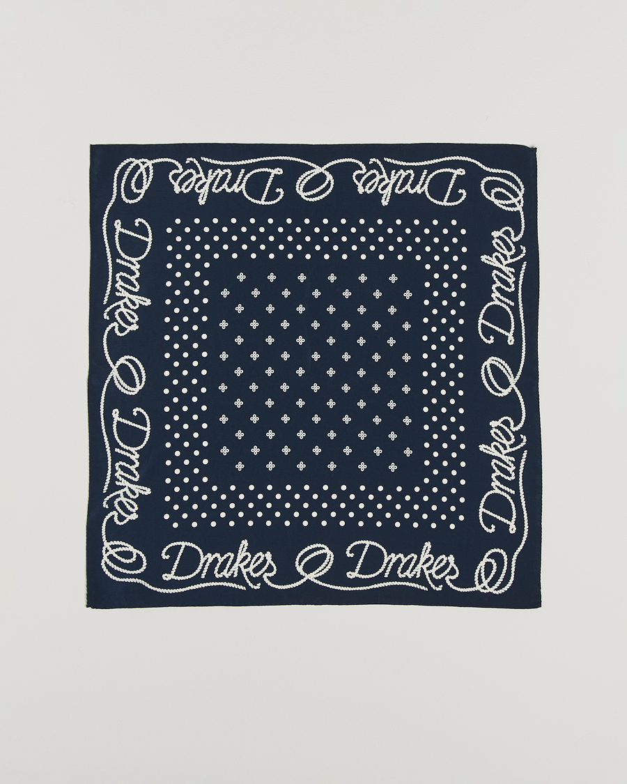 Herre | Scarves | Drake's | Robe Border Silk Bandana Navy