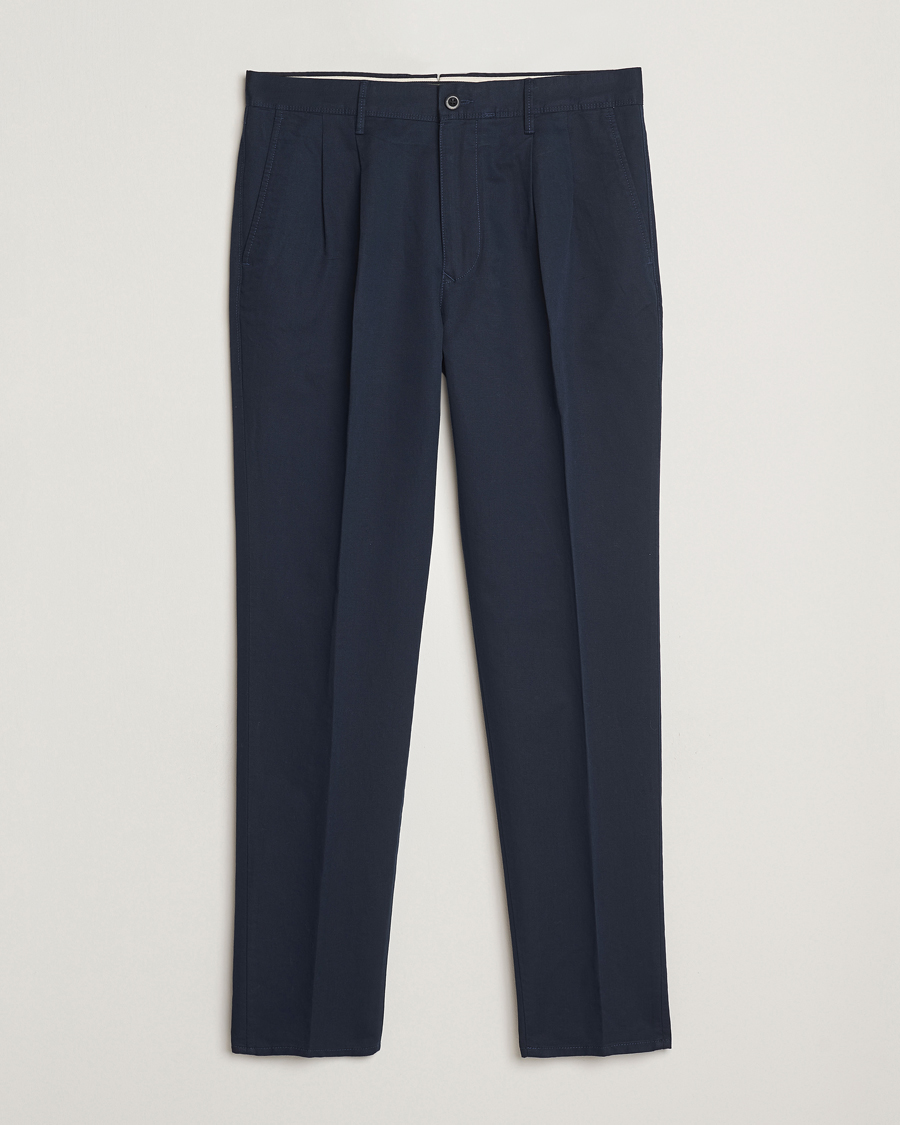 Herre | Bukser | Incotex | Tapered Fit Pleated Linen Slacks Navy