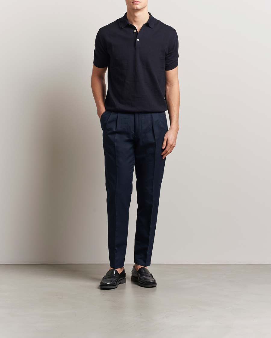 Herre | Bukser | Incotex | Tapered Fit Pleated Linen Slacks Navy