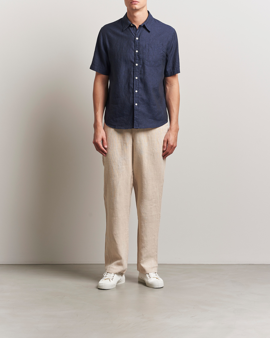 Herre | Skjorter | Colorful Standard | Garment Dyed Linen Short Sleeve Shirt Navy Blue