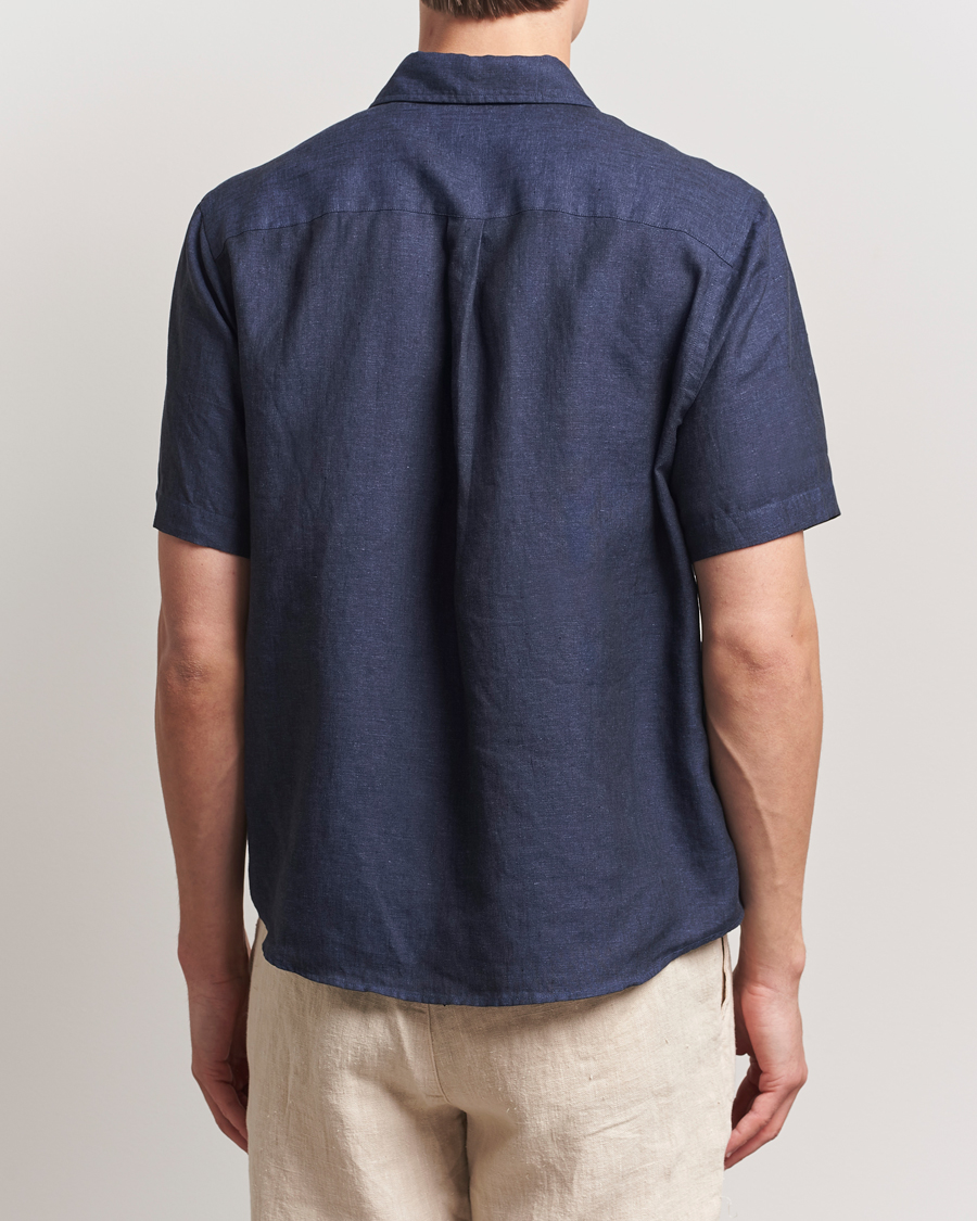 Herre | Skjorter | Colorful Standard | Garment Dyed Linen Short Sleeve Shirt Navy Blue