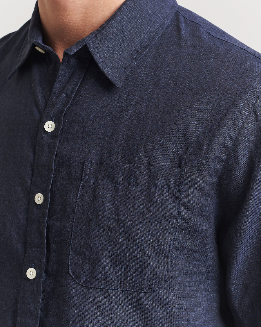 Herre | Skjorter | Colorful Standard | Garment Dyed Linen Short Sleeve Shirt Navy Blue