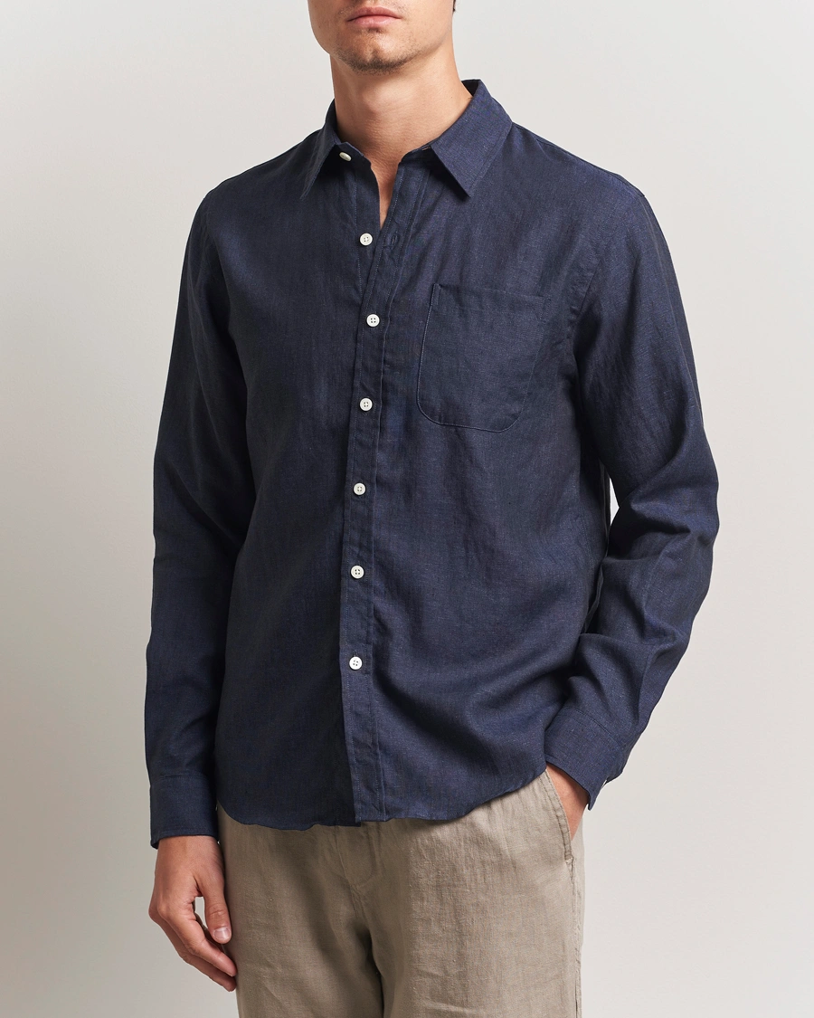 Herre | Skjorter | Colorful Standard | Garment Dyed Linen Shirt Navy Blue