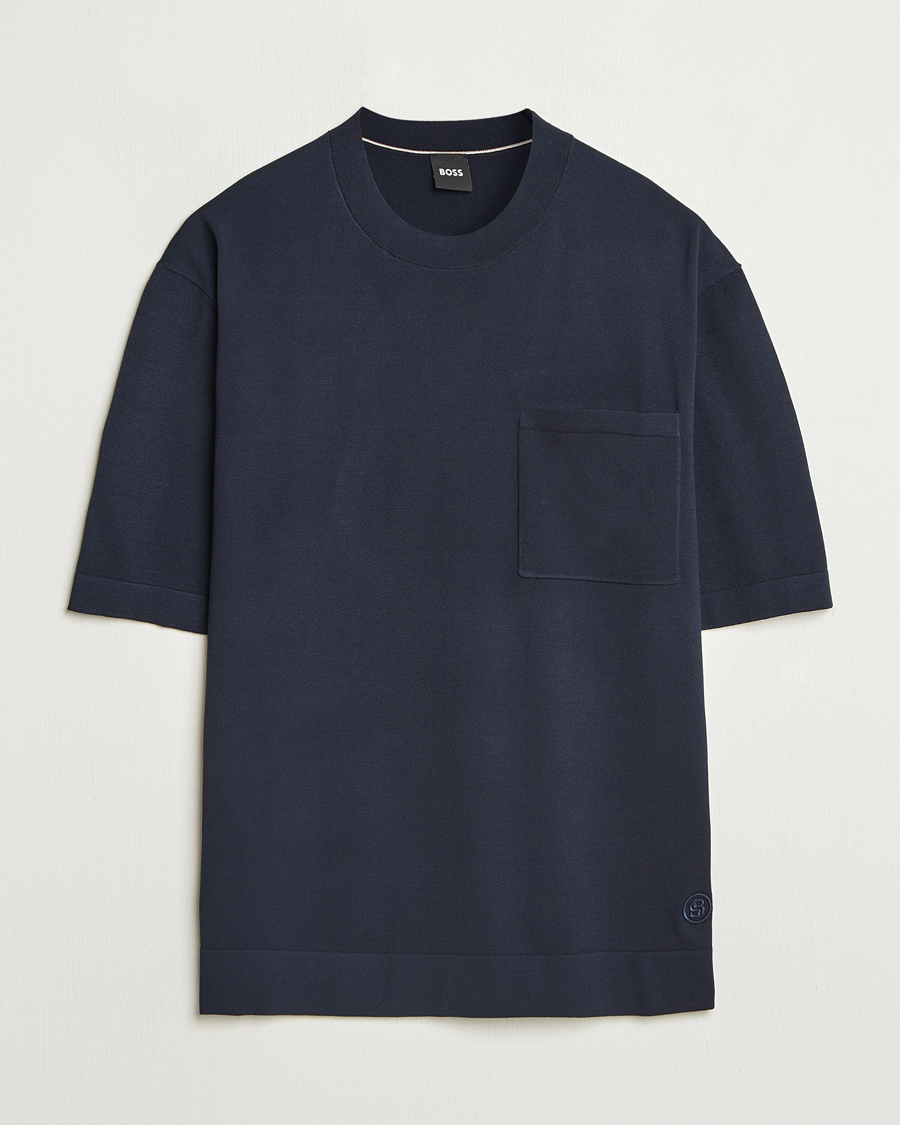 Herre | T-Shirts | BOSS BLACK | Jervaiso Cotton/Silk Knitted T-Shirt Dark Blue