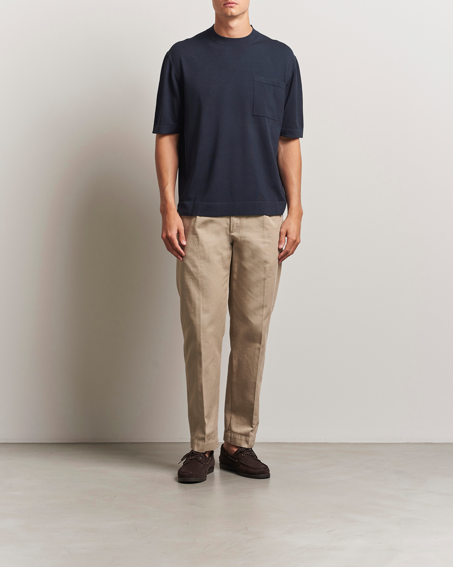 Herre | T-Shirts | BOSS BLACK | Jervaiso Cotton/Silk Knitted T-Shirt Dark Blue