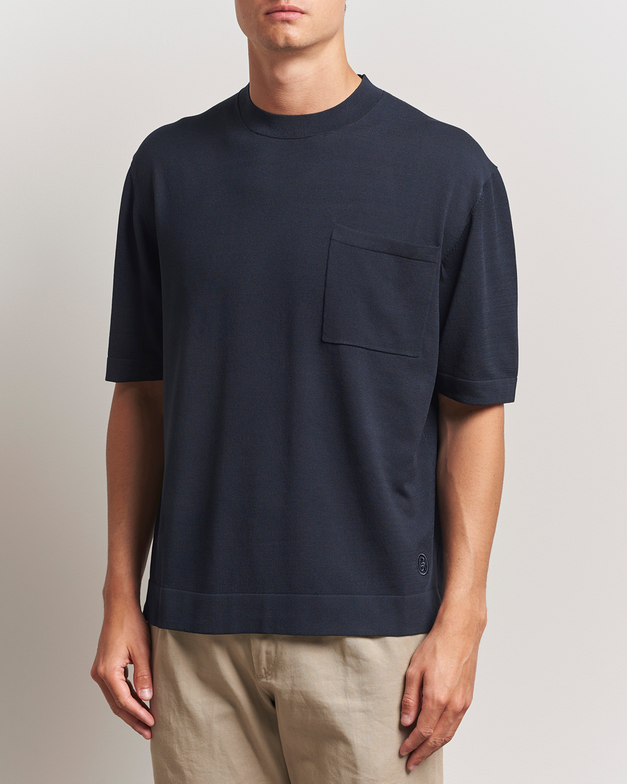 Herre | T-Shirts | BOSS BLACK | Jervaiso Cotton/Silk Knitted T-Shirt Dark Blue