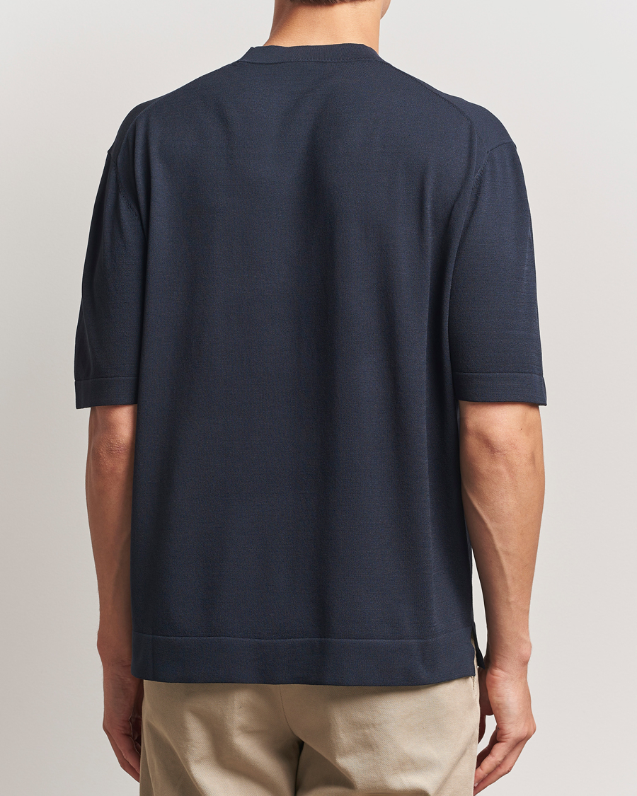 Herre | T-Shirts | BOSS BLACK | Jervaiso Cotton/Silk Knitted T-Shirt Dark Blue