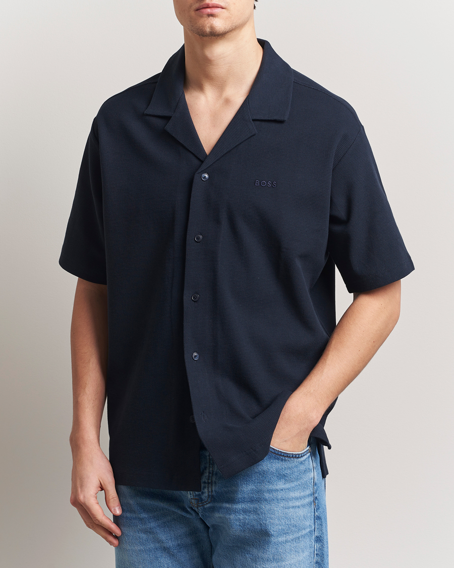 Herre | Skjorter | BOSS ORANGE | Waffle Short Sleeve Shirt Dark Blue