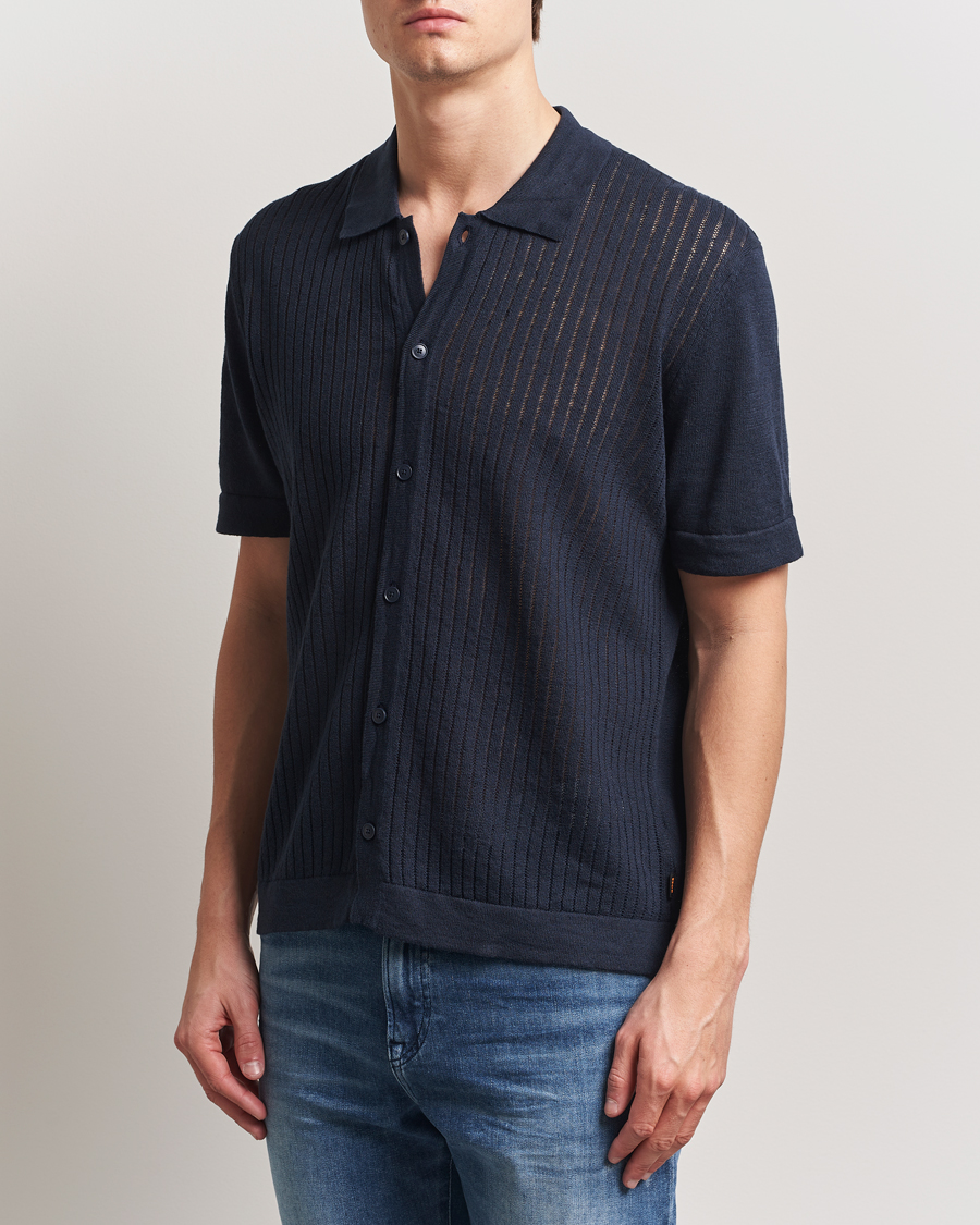 Herre | Skjorter | BOSS ORANGE | Kamicino Knitted Short Sleeve Shirt Dark Blue