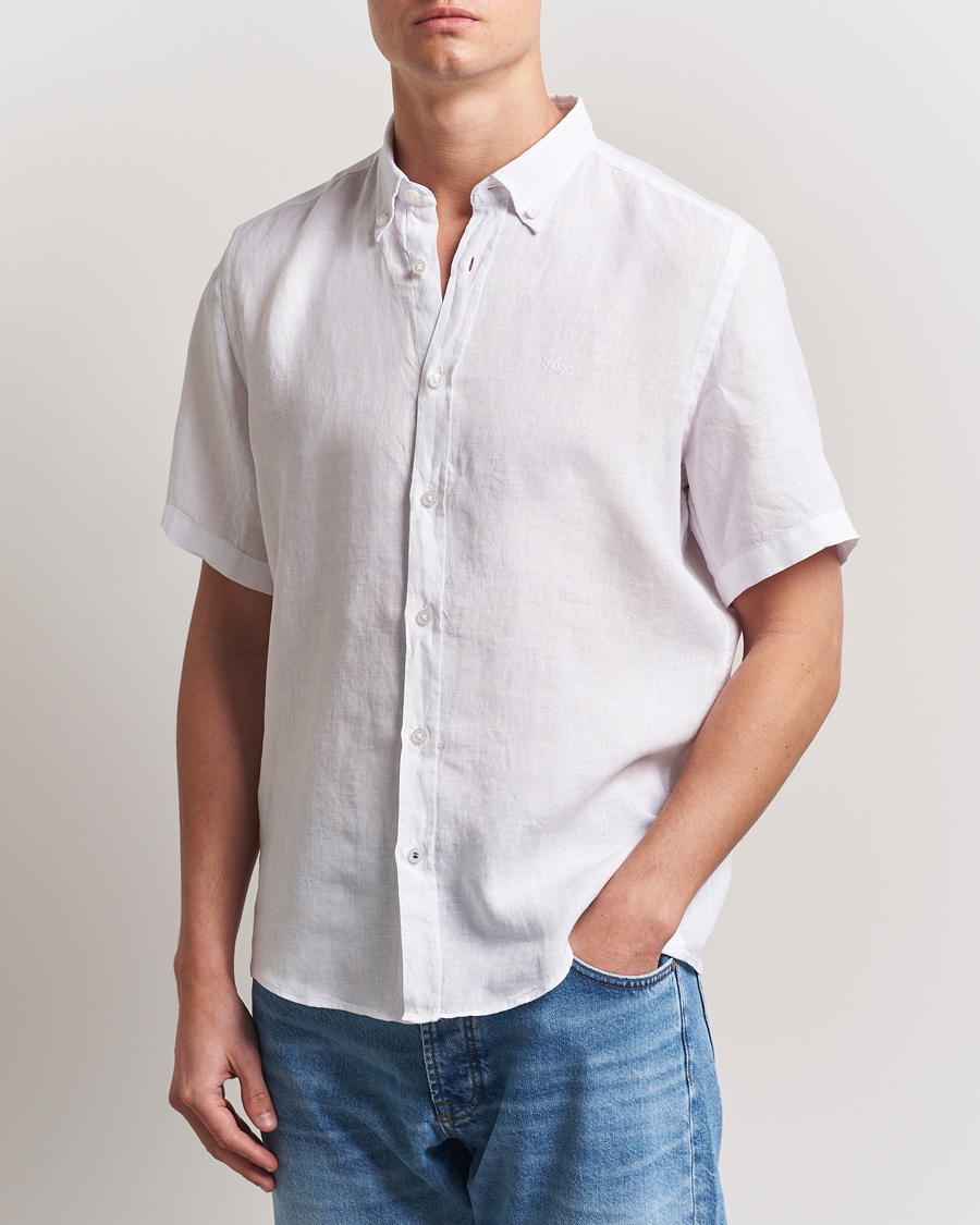 Herre | Skjorter | BOSS BLACK | Liam Linen Short Sleeve Shirt White
