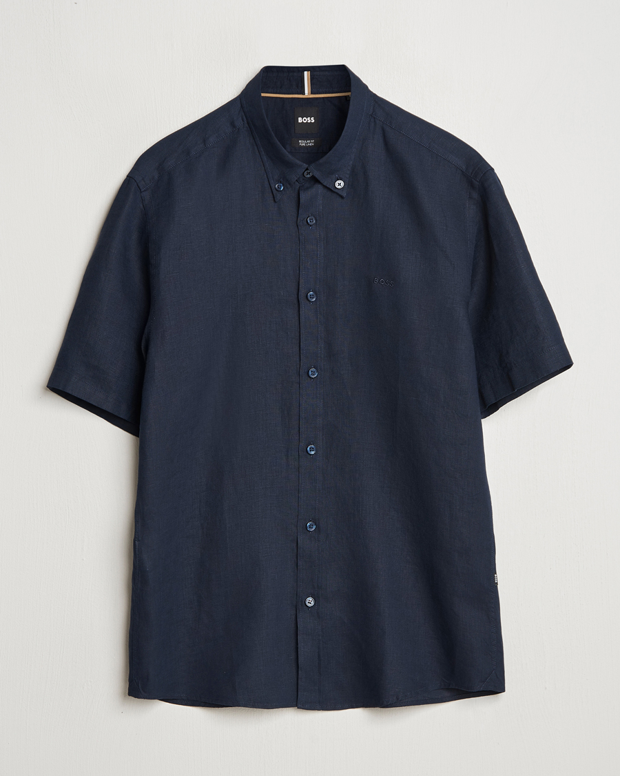 Herre | Skjorter | BOSS BLACK | Liam Linen Short Sleeve Shirt Dark Blue