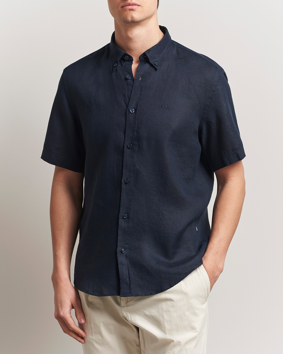 Herre | Skjorter | BOSS BLACK | Liam Linen Short Sleeve Shirt Dark Blue