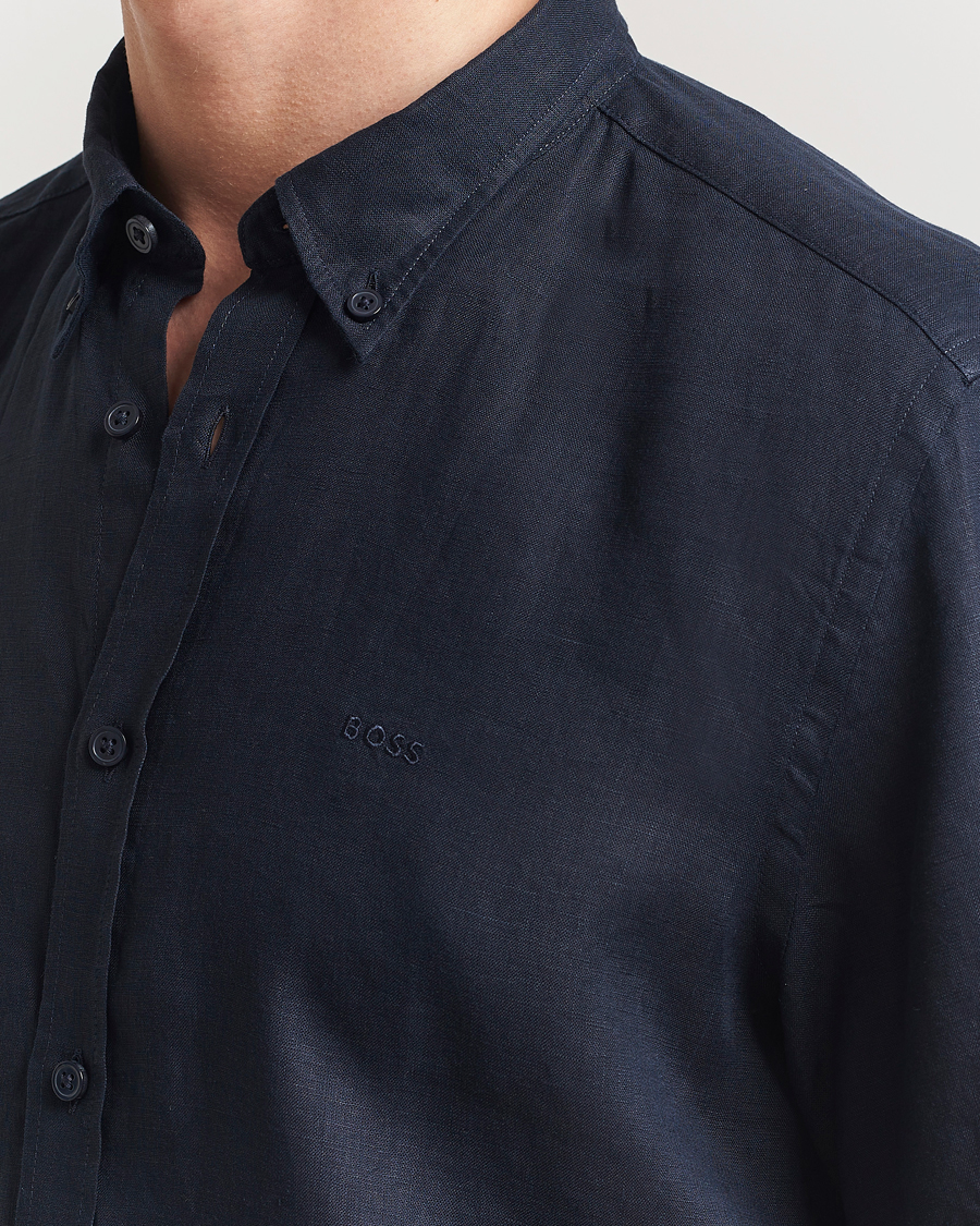 Herre | Skjorter | BOSS BLACK | Liam Linen Short Sleeve Shirt Dark Blue