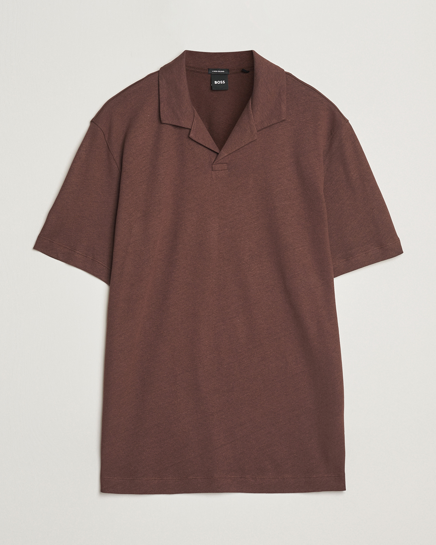 Herre | Pikéer | BOSS BLACK | Ponti Cotton/Linen Open Collar Polo Dark Brown