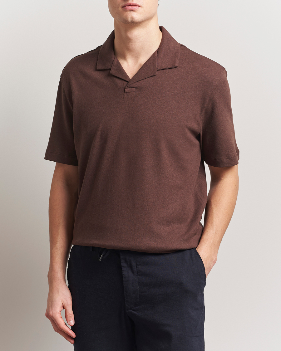 Herre | Pikéer | BOSS BLACK | Ponti Cotton/Linen Open Collar Polo Dark Brown