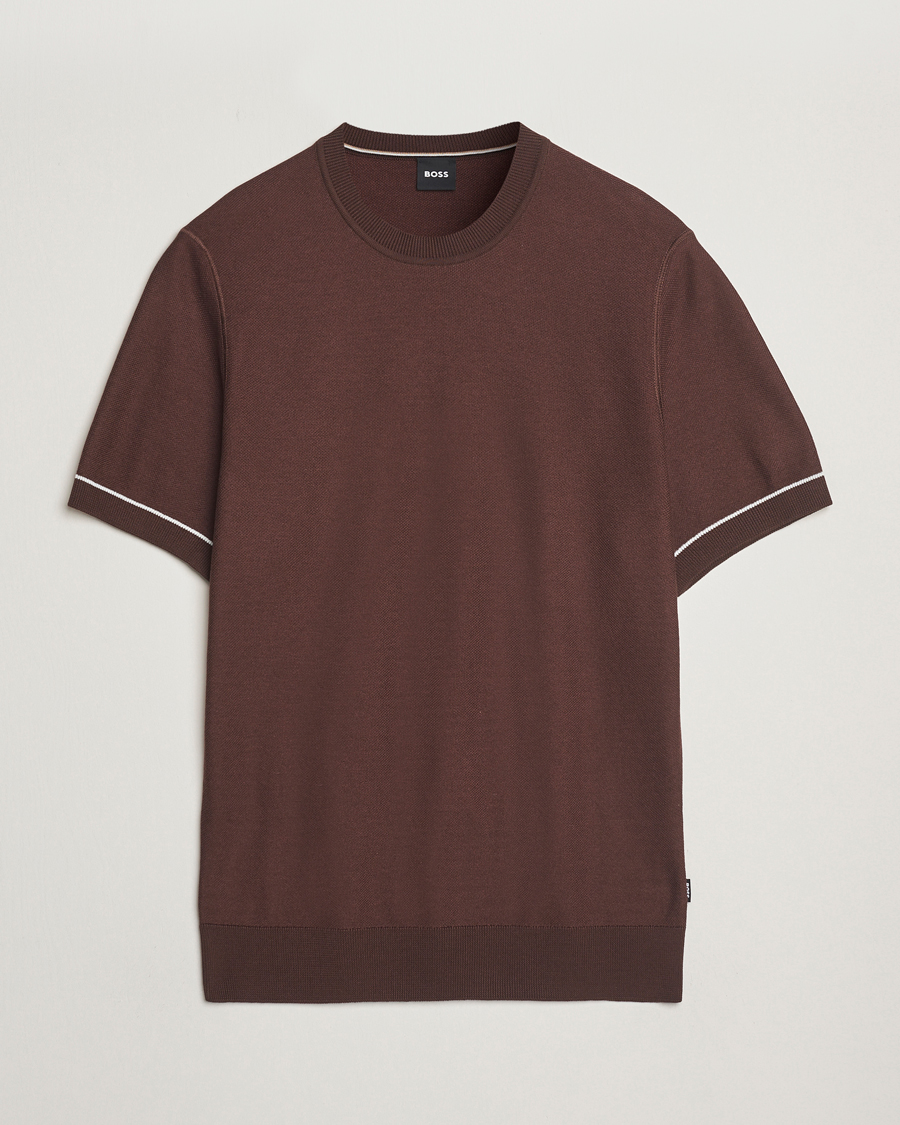 Herre | T-Shirts | BOSS BLACK | Jianfranco Cotton/Viscose Knitted T-Shirt Dark Brown