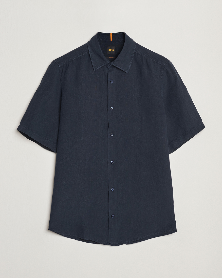 Herre | Skjorter | BOSS ORANGE | Rash Linen Short Sleeve Shirt Dark Blue