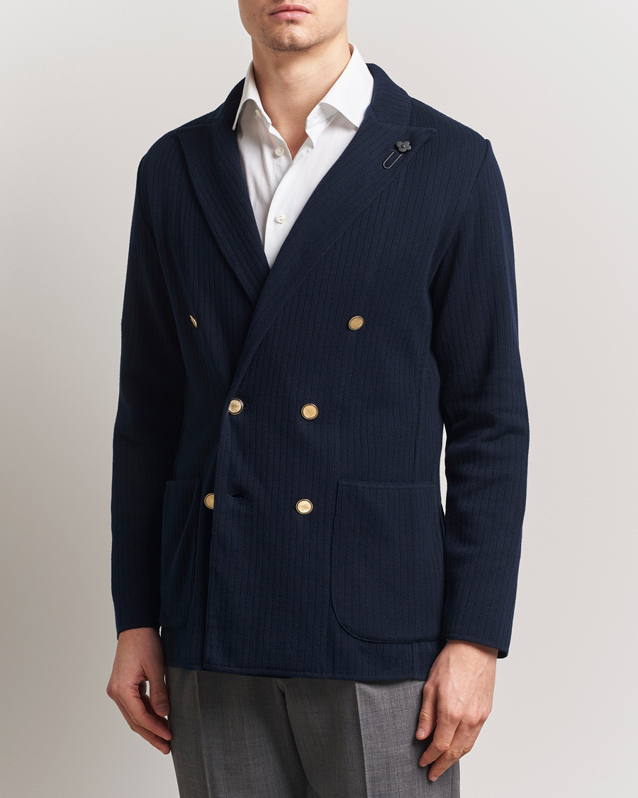 Herre | Dressjakker | Lardini | Double Breasted Knitted Cotton Blazer Navy