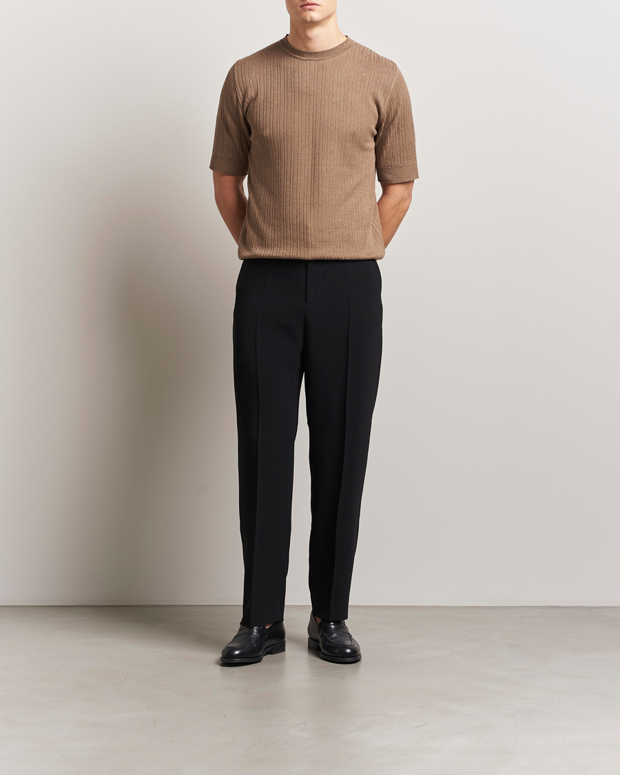 Herre | T-Shirts | Lardini | Knitted Linen/Cotton T-Shirt Light Brown