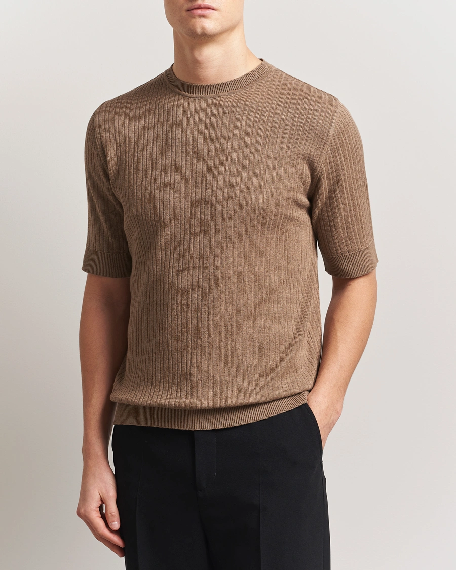 Herre | T-Shirts | Lardini | Knitted Linen/Cotton T-Shirt Light Brown