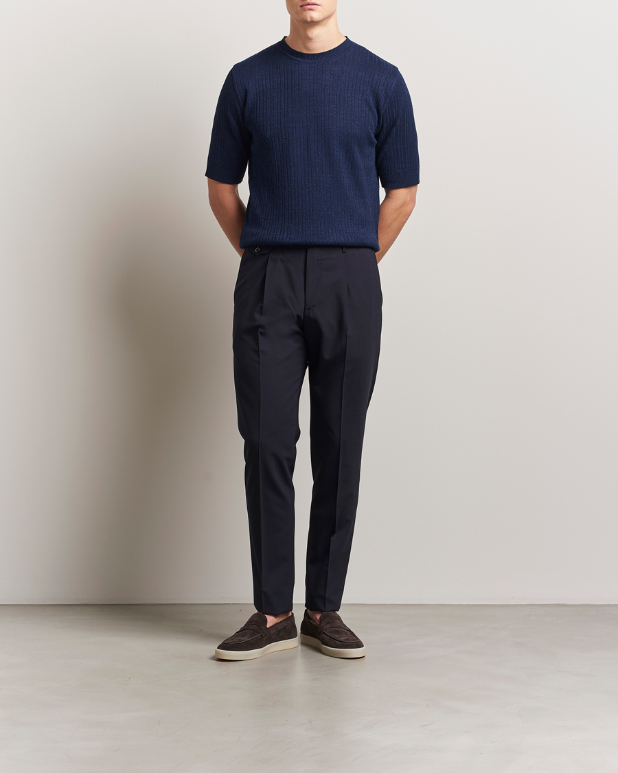 Herre | T-Shirts | Lardini | Knitted Linen/Cotton T-Shirt Navy