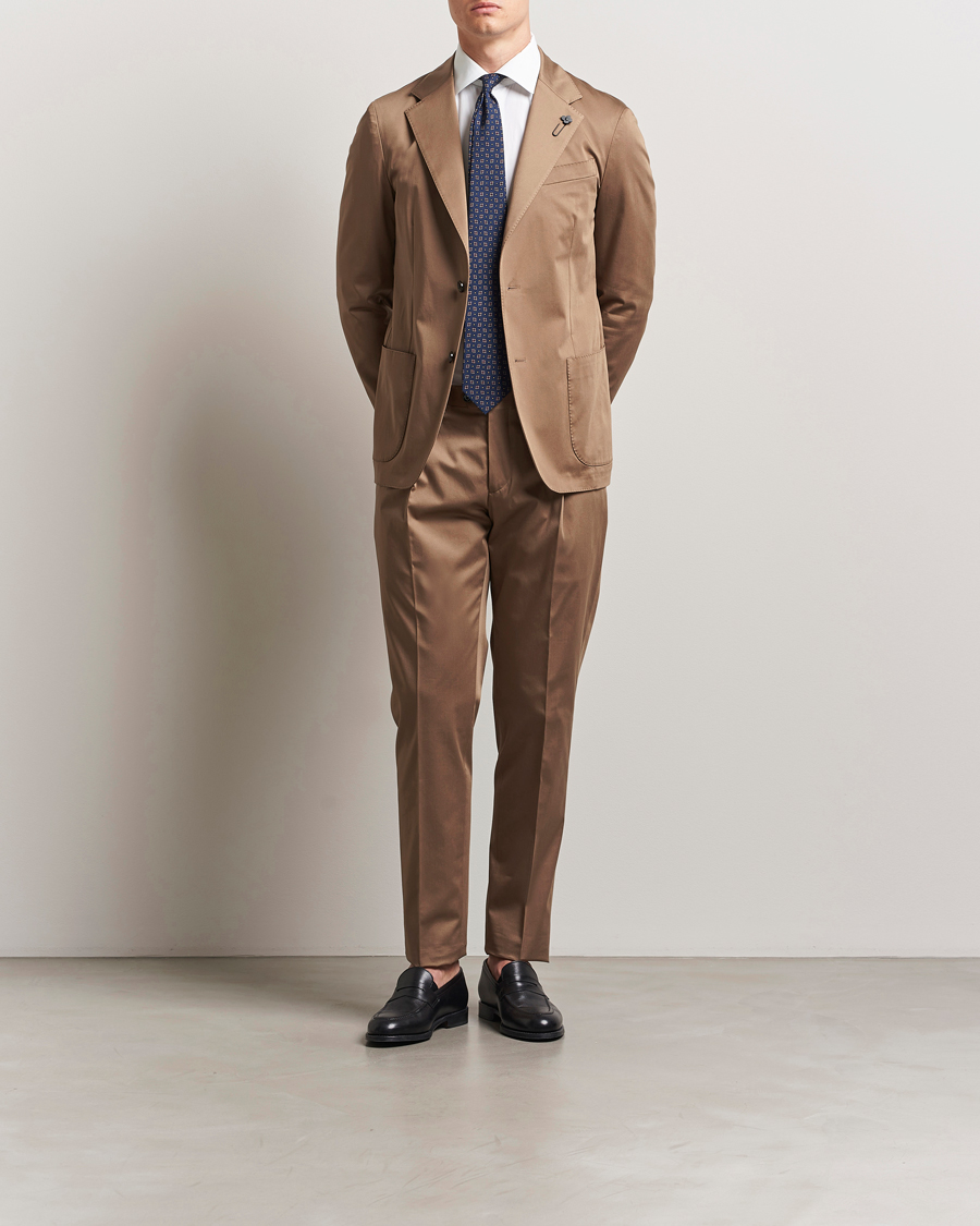 Herre | Bukser | Lardini | Pleated Cotton Stretch Trousers Light Brown