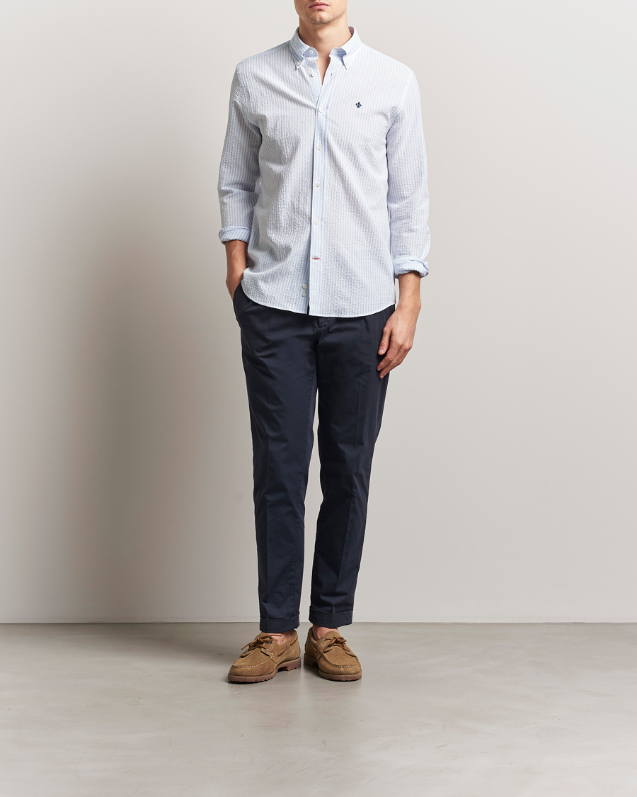 Herre | Skjorter | Morris | Slim Fit Striped Seersucker Shirt Light Blue