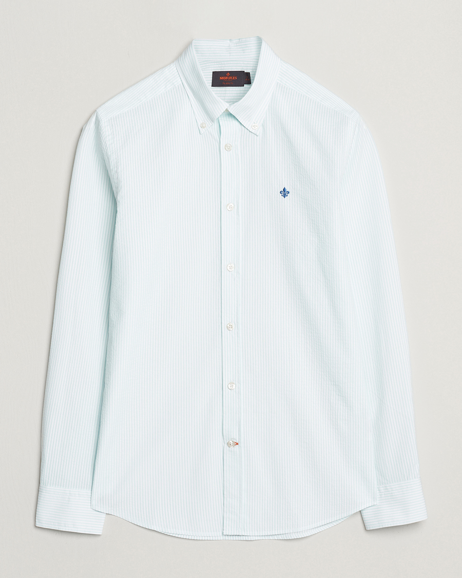 Herre | Skjorter | Morris | Slim Fit Striped Seersucker Shirt Turquoise