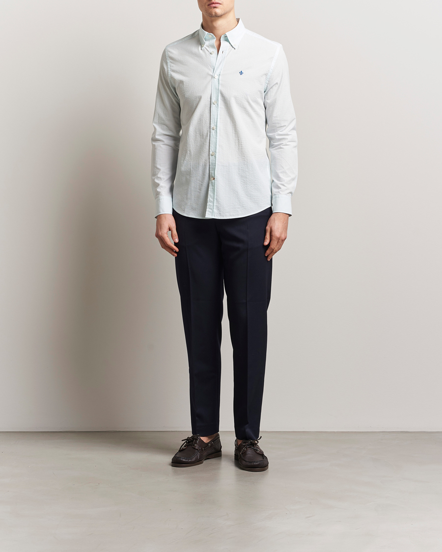 Herre | Skjorter | Morris | Slim Fit Striped Seersucker Shirt Turquoise