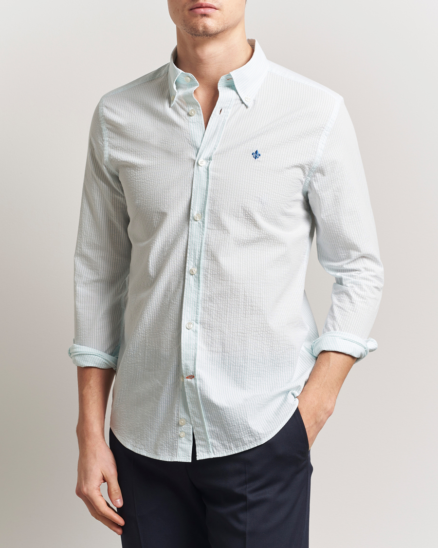 Herre | Skjorter | Morris | Slim Fit Striped Seersucker Shirt Turquoise
