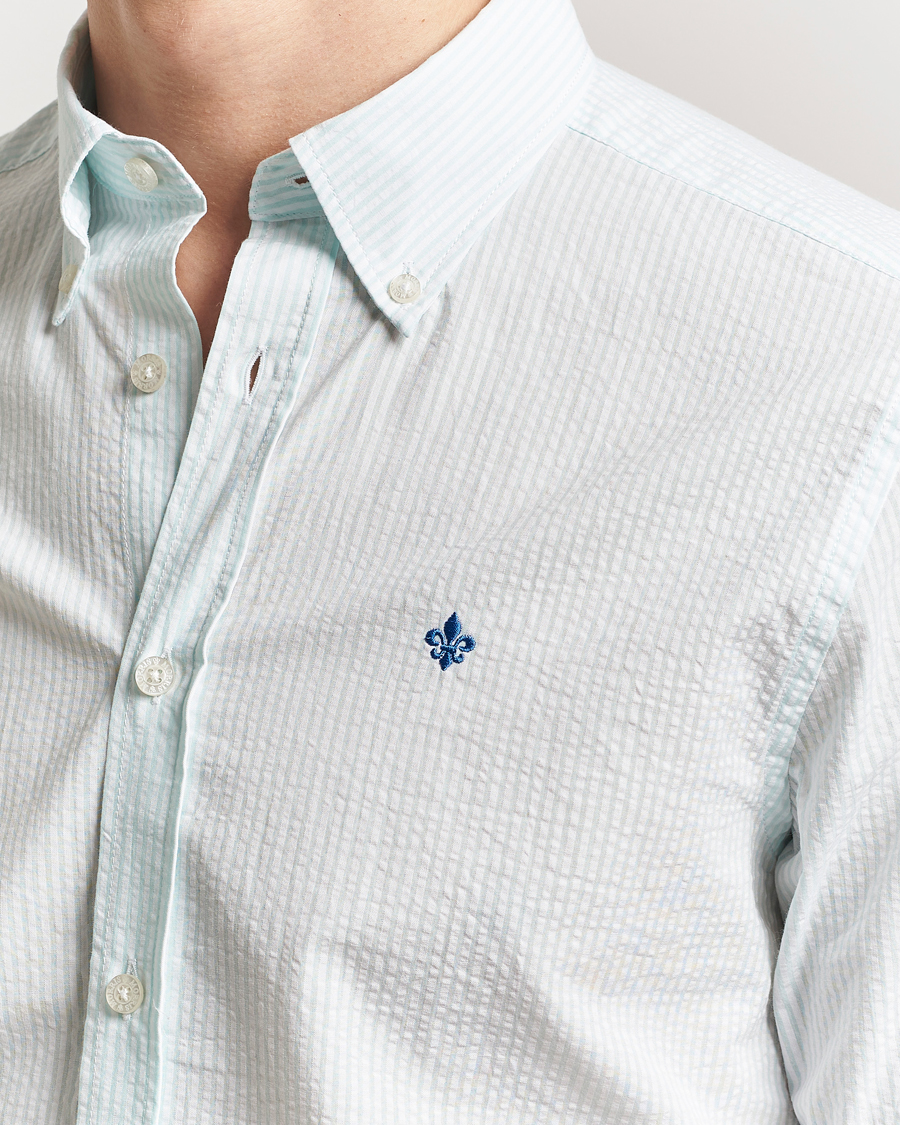 Herre | Skjorter | Morris | Slim Fit Striped Seersucker Shirt Turquoise