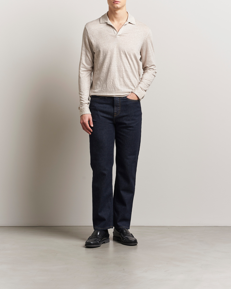 Herre | Pikéer | Gran Sasso | Washed Linen Long Sleeve Polo Beige Melange
