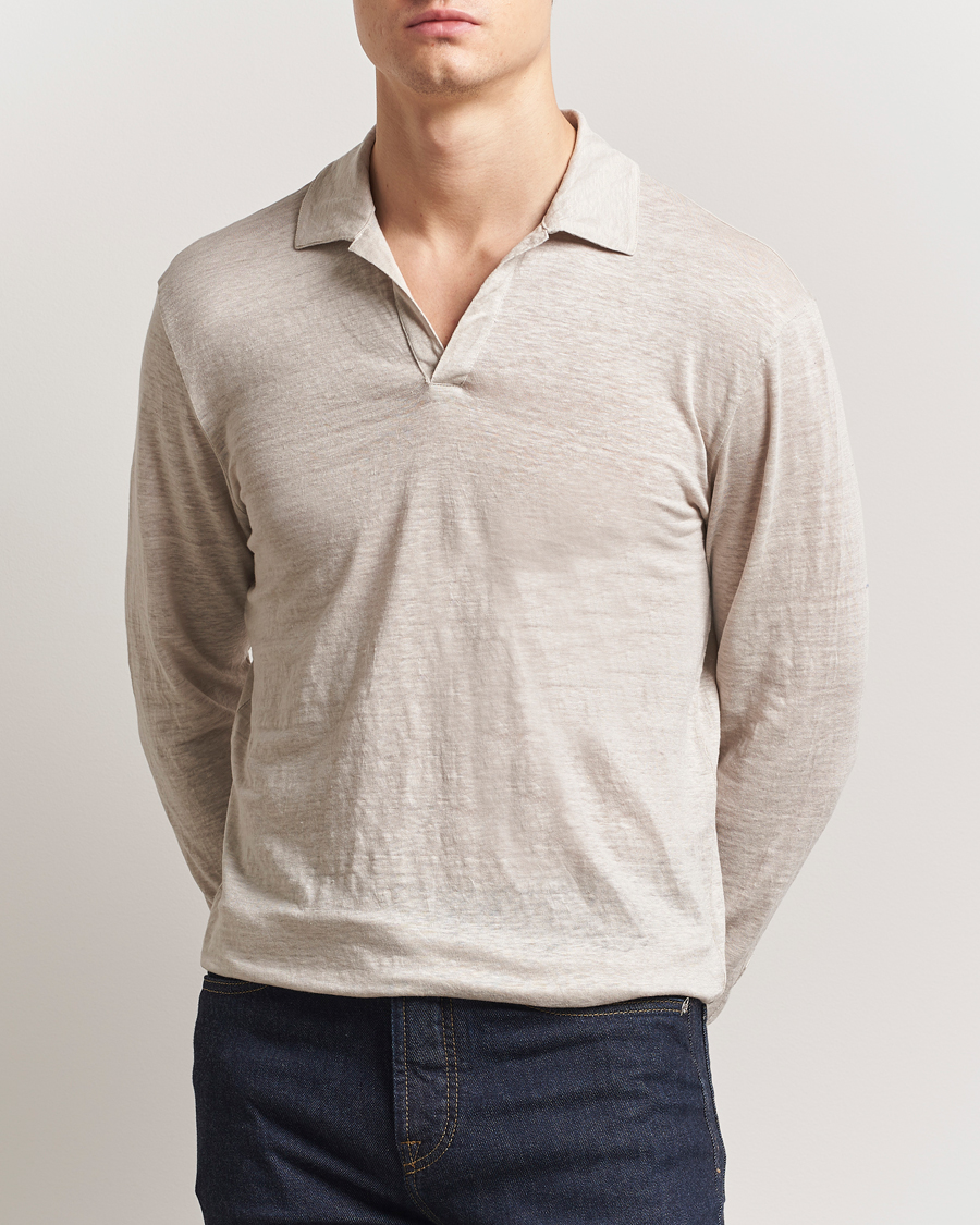 Herre | Pikéer | Gran Sasso | Washed Linen Long Sleeve Polo Beige Melange