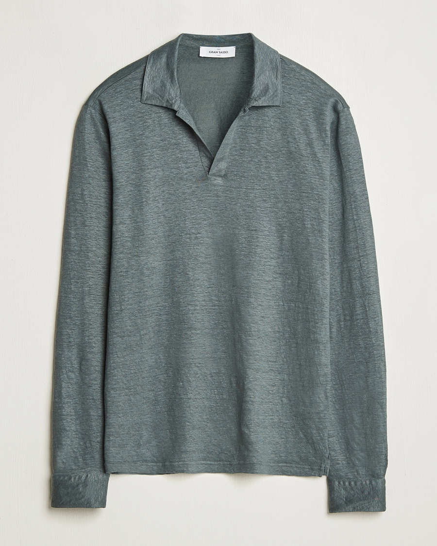Herre | Gensere | Gran Sasso | Washed Linen Long Sleeve Polo Green Melange