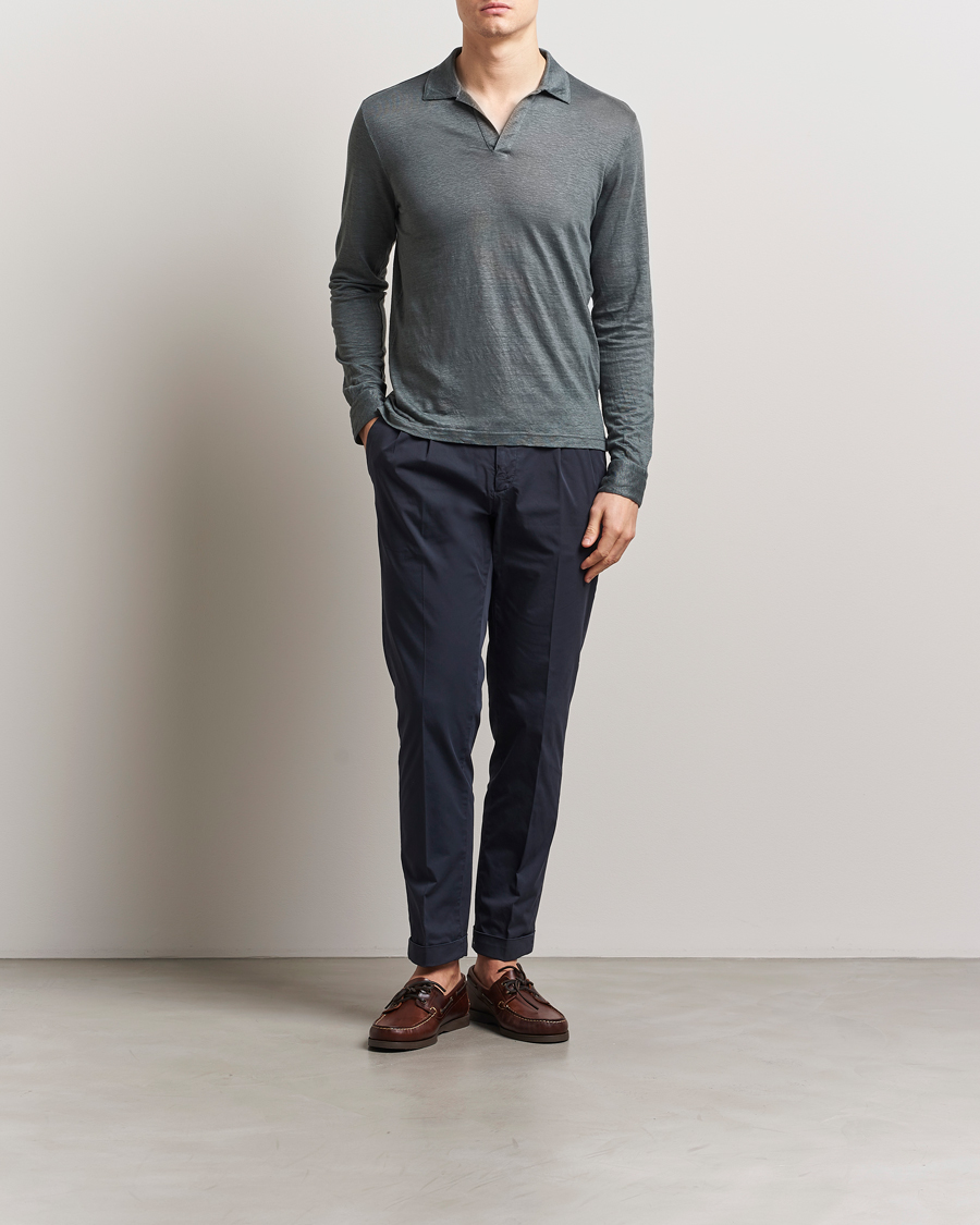 Herre | Gensere | Gran Sasso | Washed Linen Long Sleeve Polo Green Melange